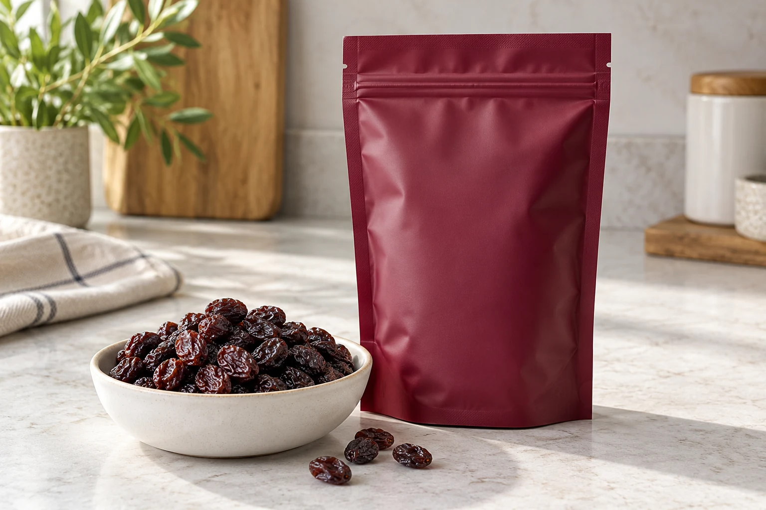 A burgundy zipper pouch beside a bowl of dark raisins