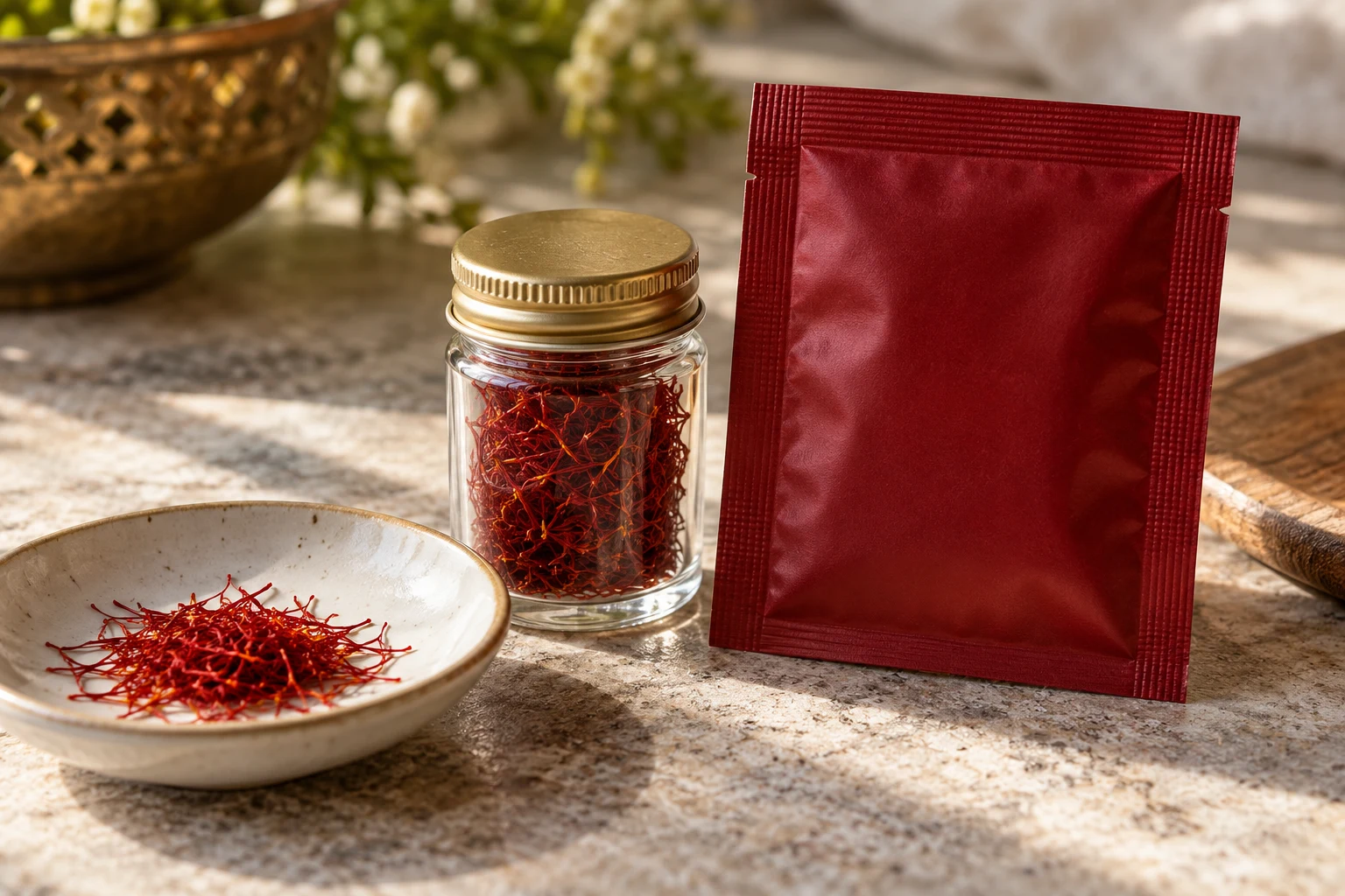 Small glass vial of red saffron threads beside an opaque flat sachet