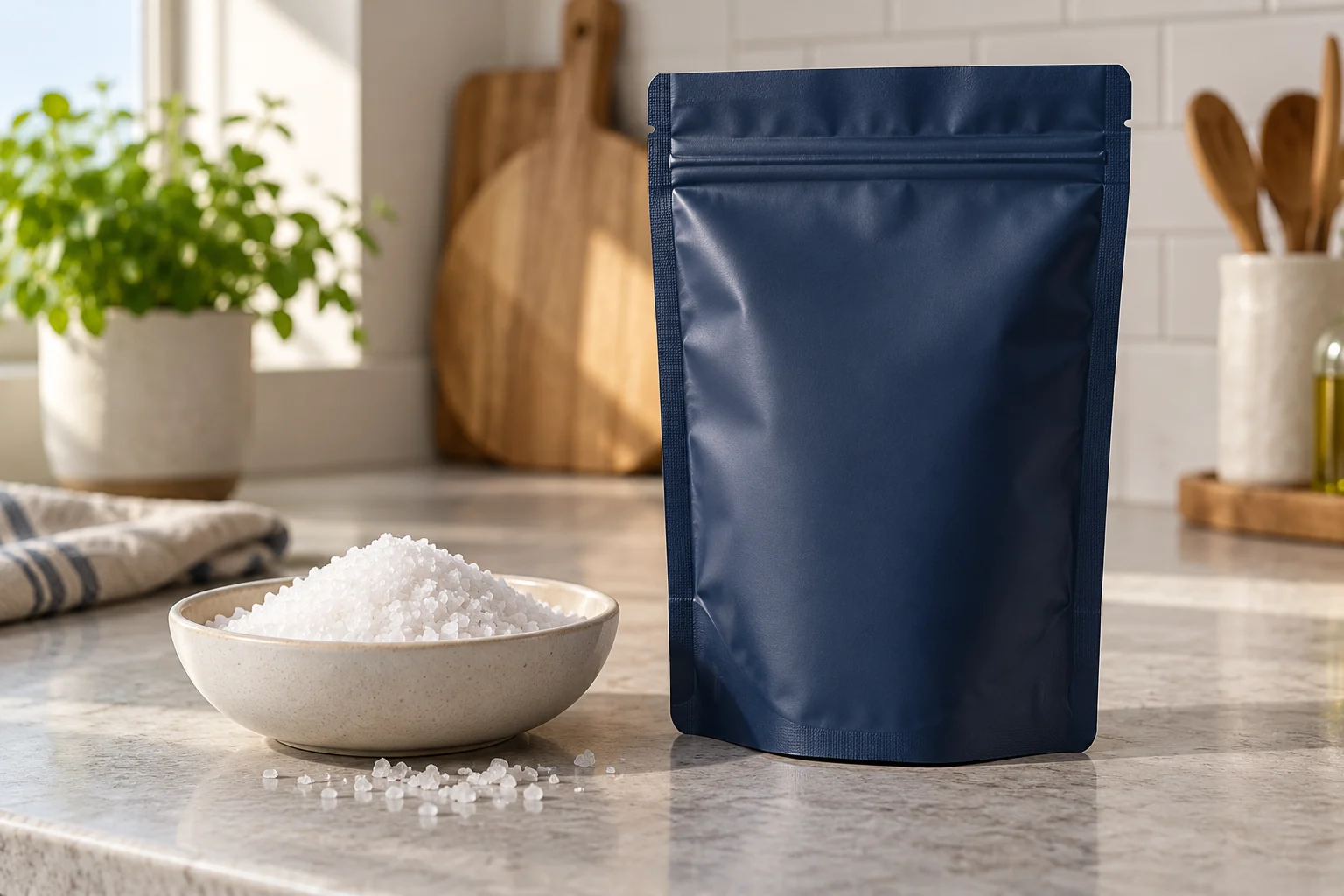 A blank navy pouch beside culinary salt crystals