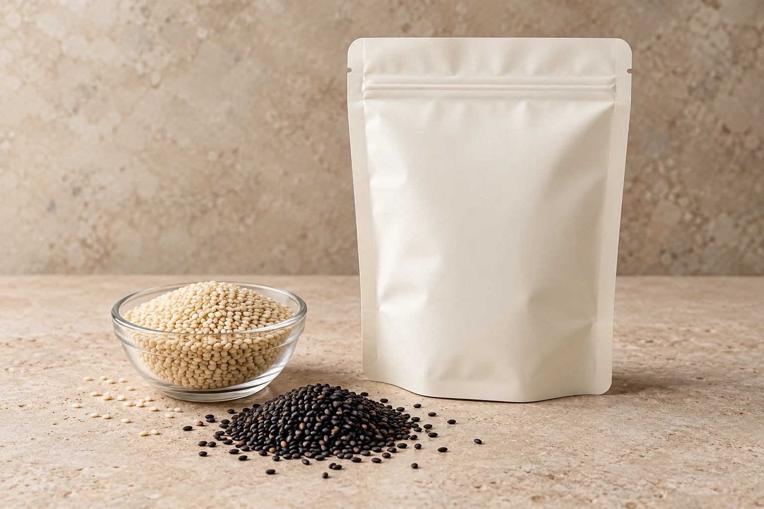 A cream resealable pouch beside white sesame seeds and scattered black sesame seeds