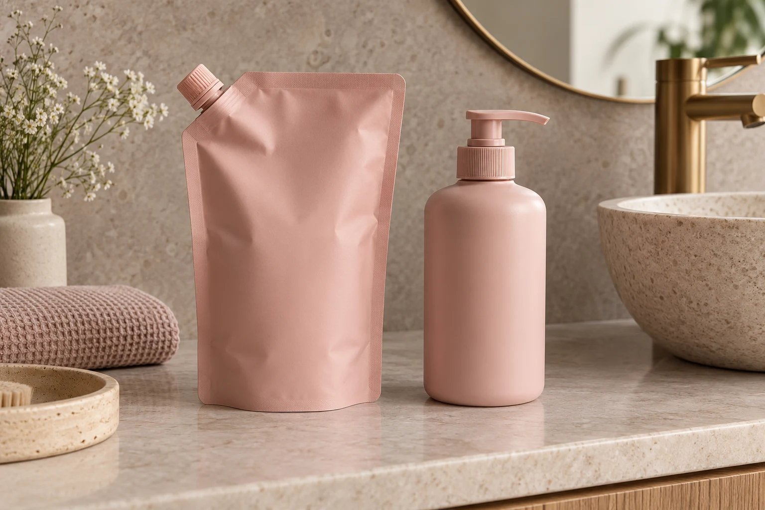 A rose shampoo refill pouch beside a matching pump bottle