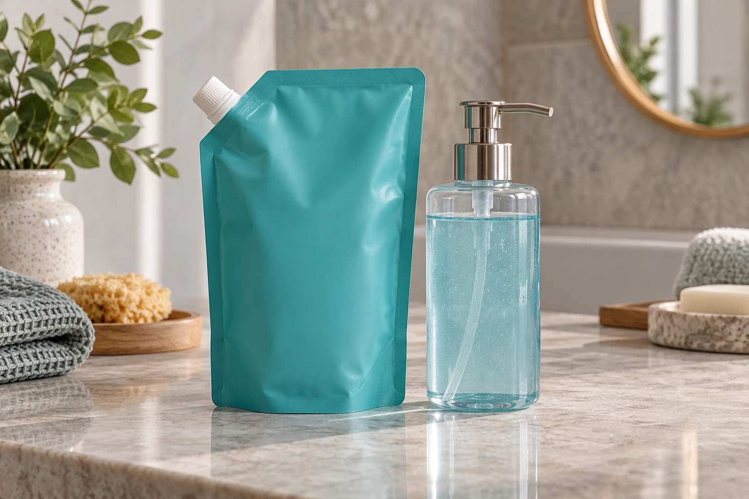 Teal refill spout pouch beside a pump bottle of pale blue shower gel