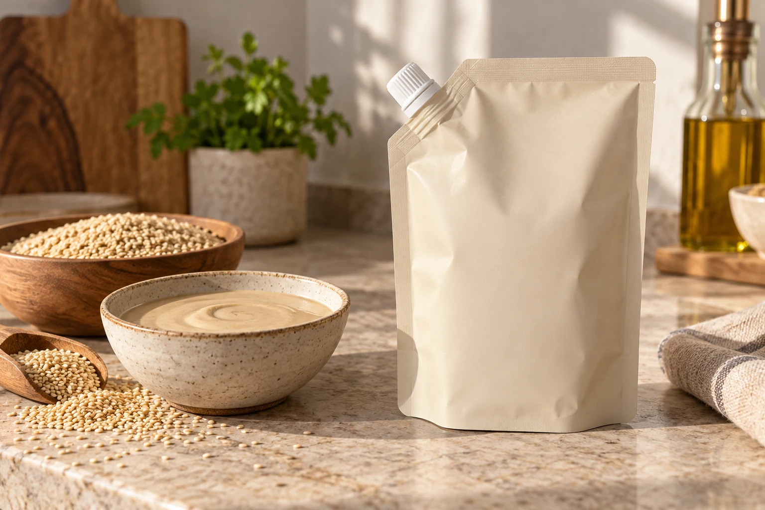 Unbranded spout pouch beside a dish of smooth tahini and sesame seeds