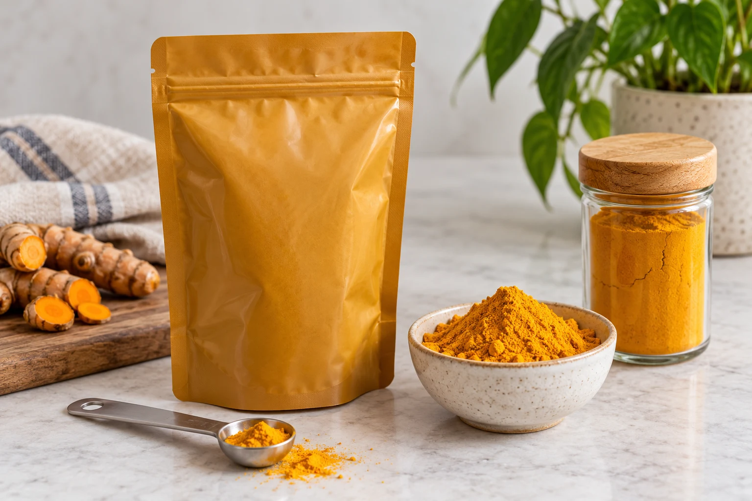 Amber refill pouch beside ground turmeric, a measuring spoon and a closed spice jar