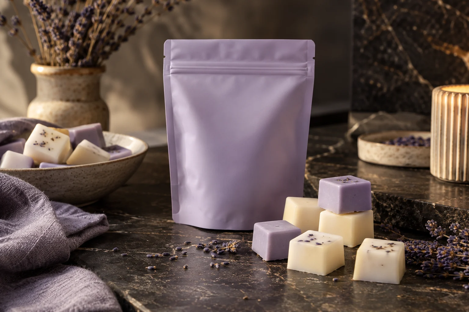 Lavender refill pouch beside cream and lavender solid wax melt cubes