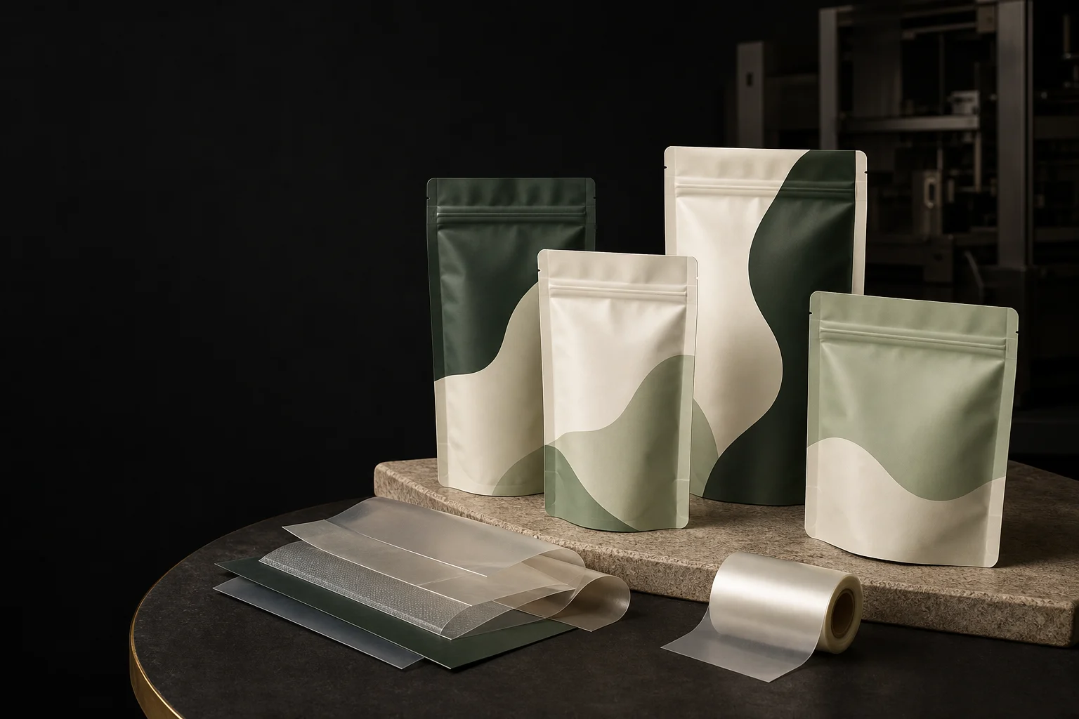 Flexible pouch and material samples prepared for factory specification review