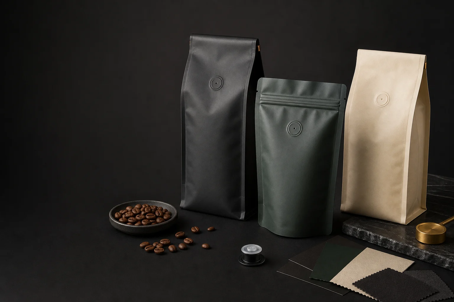 Coffee pouch formats and valve components arranged for packaging research