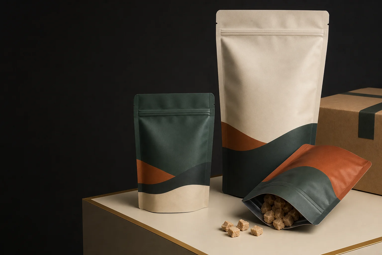 Formats de sachets d'aliments lyophilisés pour animaux de compagnie préparés pour un examen de caisses remplies