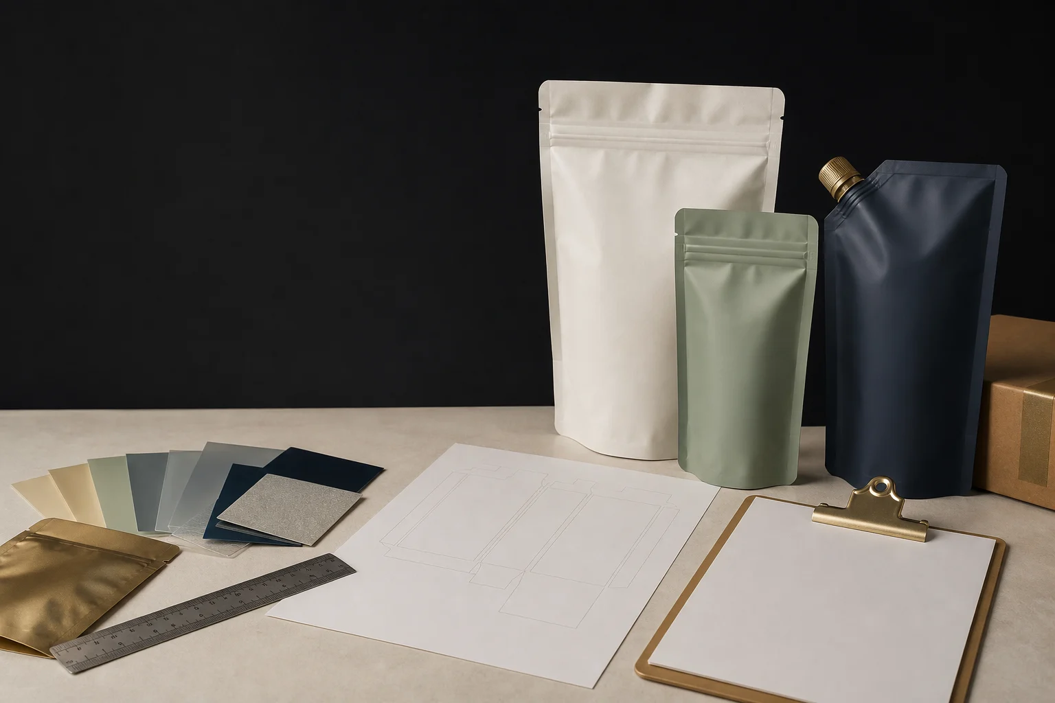 Pouch samples, material swatches and blank specification documents for a quote review
