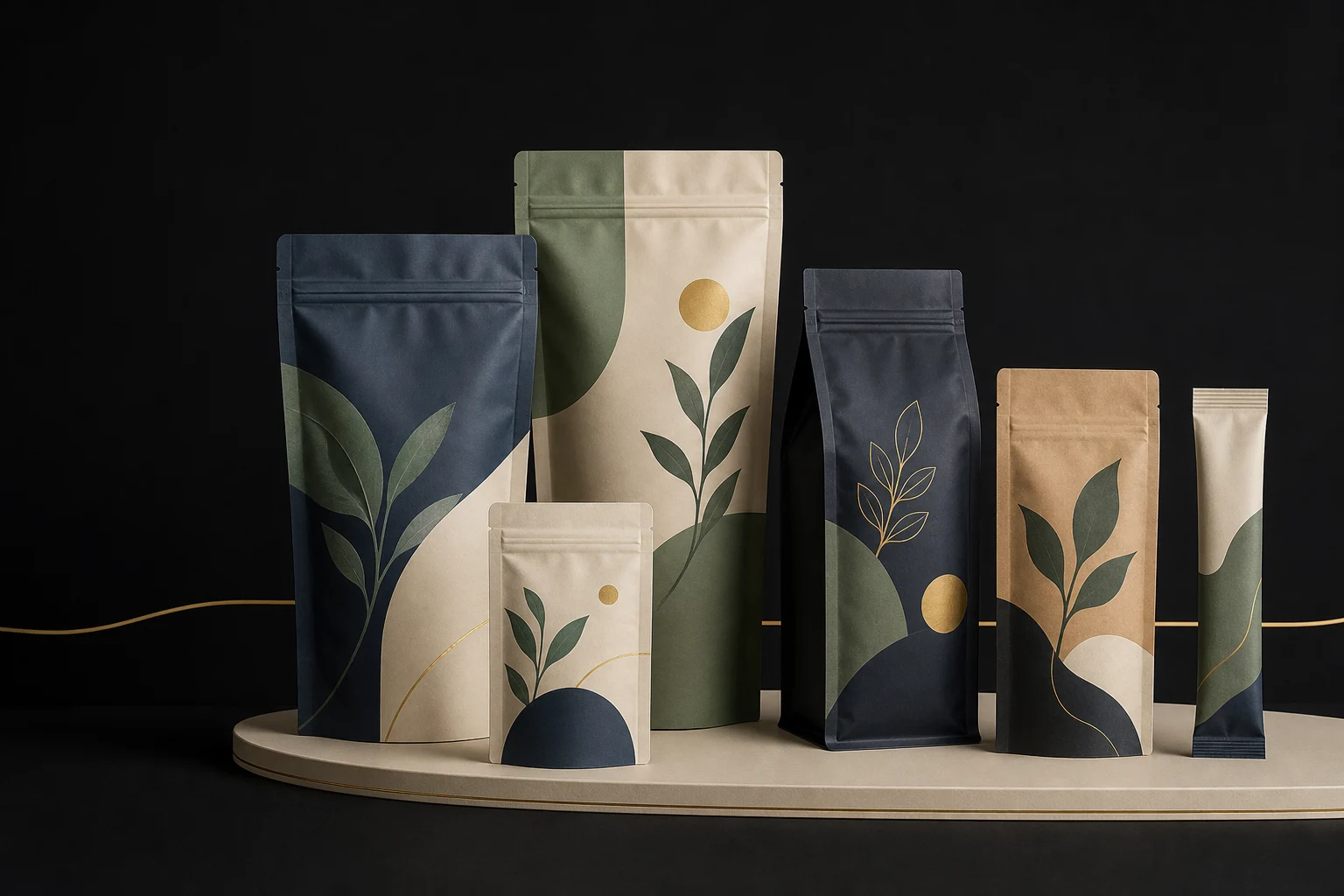 Coordinated custom stand-up, flat-bottom and sample pouch mockups