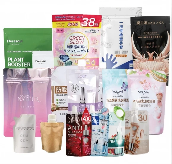 Assorted printed pouches and sachets for cosmetics, skincare and personal care products