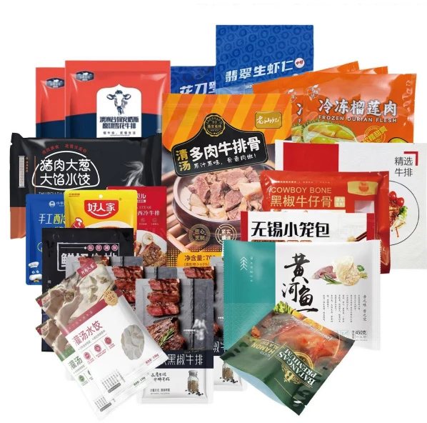 Assorted printed flexible pouches for frozen meat, seafood, dumplings and prepared foods