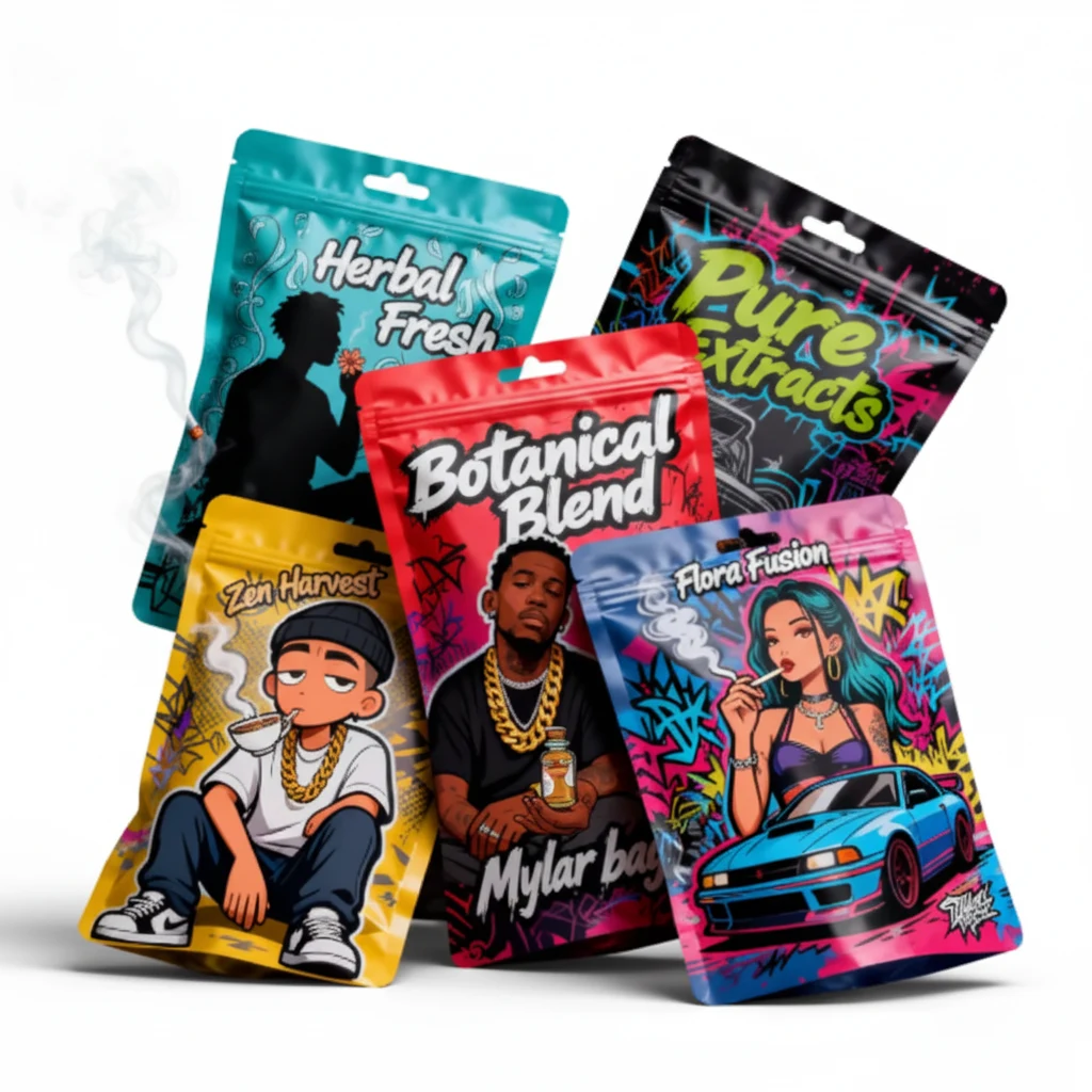 Five colorful custom printed Mylar-style zipper bags with hang holes