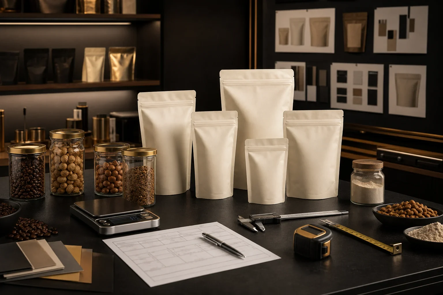 Custom printed stand-up pouches compared with measuring tools for filled-size selection