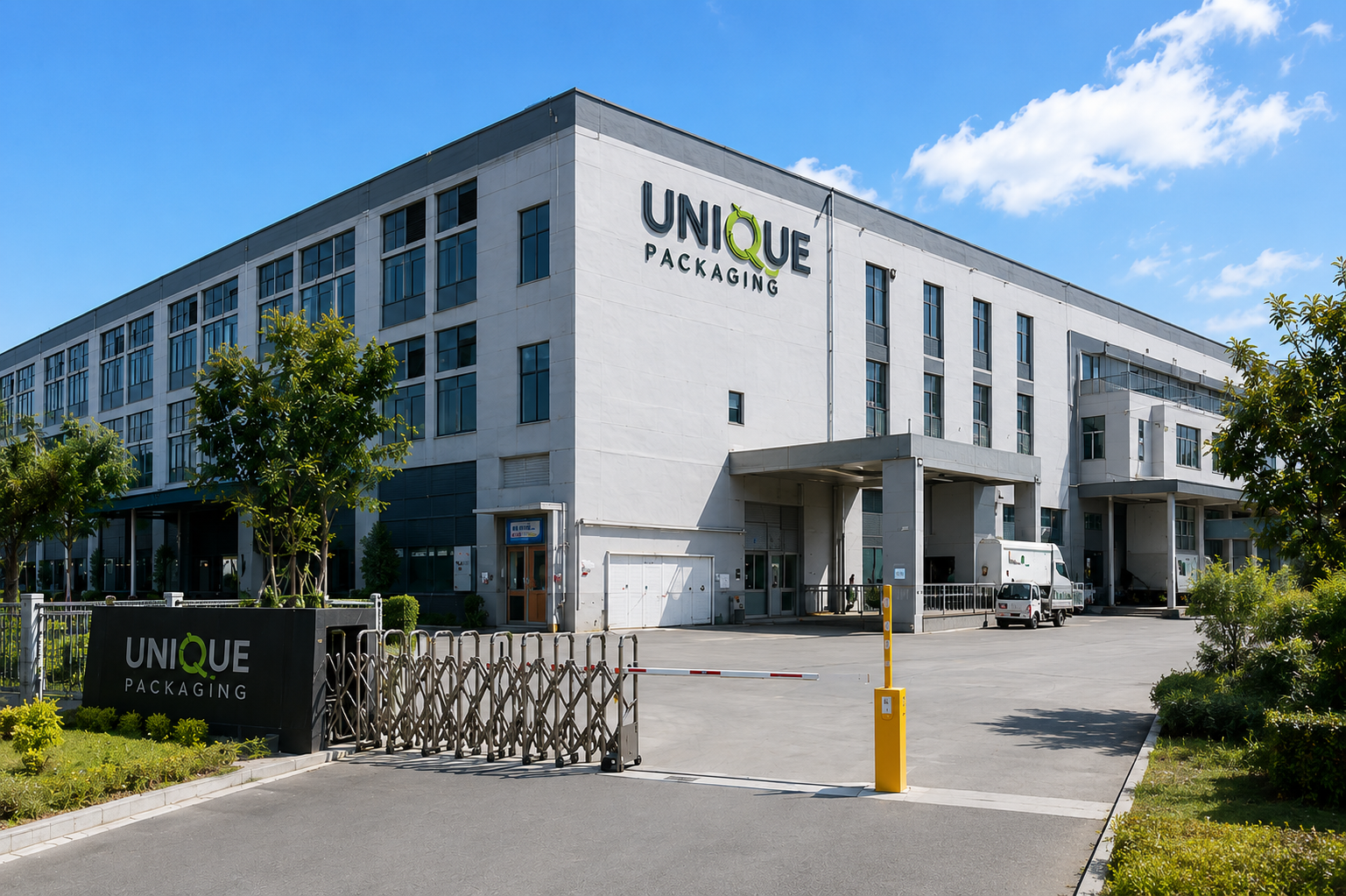 Außenansicht der Produktionsstätte für flexible Verpackungen von Unique Packaging